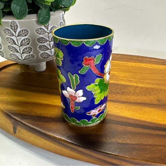 Chinese Cloisonné Enamel Brushes Pot Royal Blue Floral - Picture 3 of 4